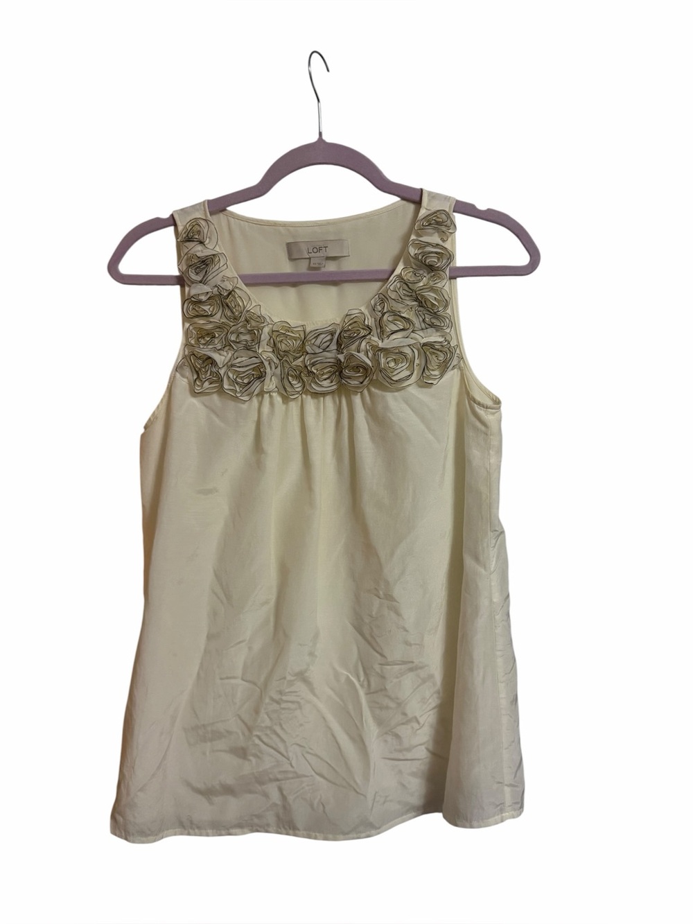 LOFT XS Silk Blend Rosette Floral Tank Ivory Coquette Romantic Top